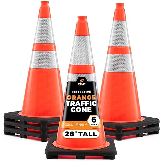 Xpose Safety 28 Inch Orange Traffic Cones with 6" & 4" Collars, 6-Pack - Multipurpose PVC Plastic Safety Cone for Parking, Soccer, Caution, Kids and Construction - DOT Approved