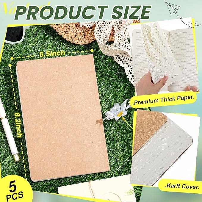 Zhanmai 5 Pack A5 Journal Refill 5.5 x 8.2'' Refillable Notebook Inserts A5 Paper Refill Kraft Travelers Journal Notebooks for Office School Writing Supplies, 100 Sheets/200 Pages