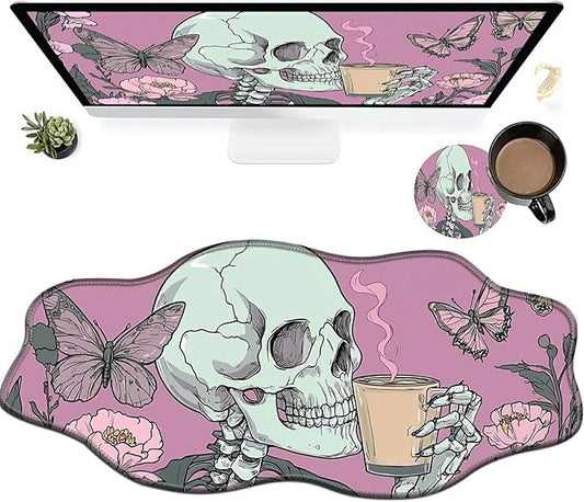 Skull Coffee Pink Large Gaming Mouse Pad Plus a Coaster, 35.4 x 15.7 inches Desk Mat Extended XXL Mousepad with Stitched Edge Non-Slip Rubber, Desk Pad Computer Mouse Mat for Home Office