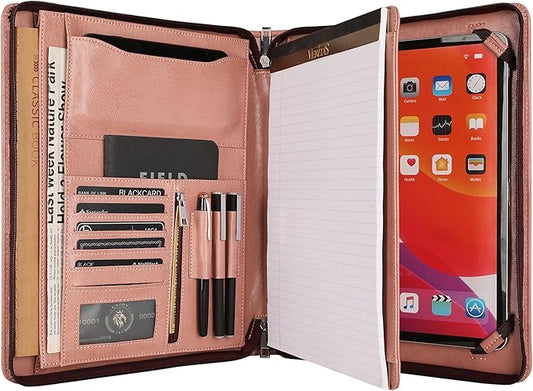 Vegan Leather Portfolio for 12.9 inch iPad Pro (2018/2020/2021/2022), Leather Portfolio with Ipad Holder for Letter Size Notepad, Personalized Padfolio for Men (Pink, Non-Custom)
