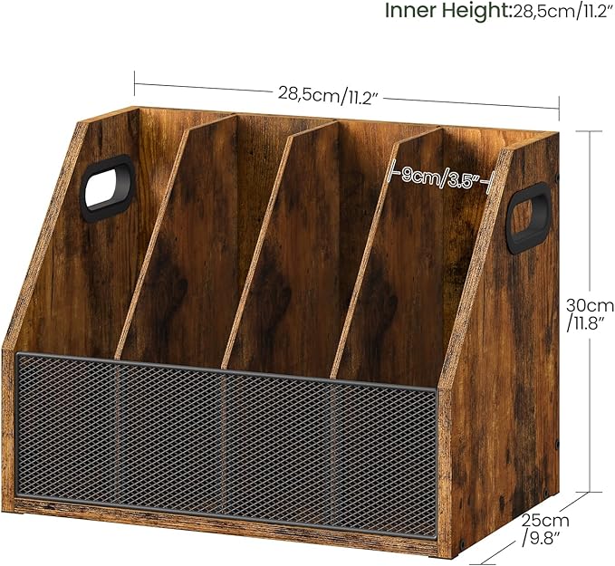 Wooden Desktop File Organizer with Removable Dividers, Mesh Front Panel for Paper, Mail, Magazine, Home Office Desk Storage, Easy Assembly, Rustic Brown MWJ06FG