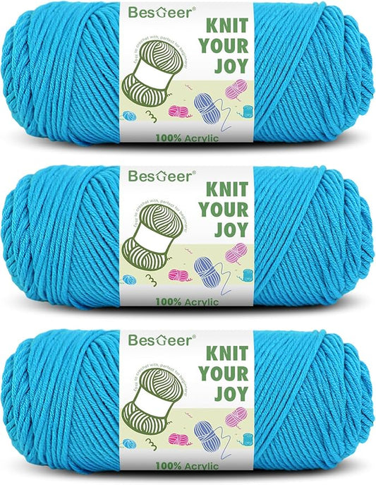 Besgeer Yarn for Crocheting, Knitting, Tufting, Craft, 3 Pack of 100g/3.5oz Crochet Yarn, 4 Medium (Worsted), 327 Yards - Acrylic (Blue)
