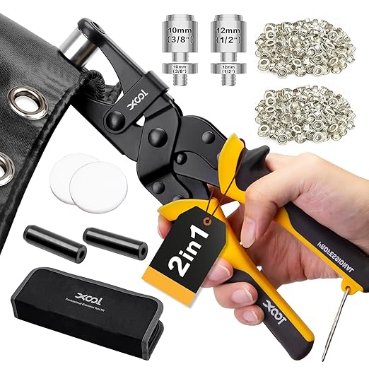 XOOL 2-in-1 Grommet Tool Kit, 1/2" & 3/8" 12mm&10mm Twist-Change Heads, Leathercraft Punching Tool with Magnetic System for Canvas, Leather, Tarps, DIY - 400PCS Grommets & Washers Included