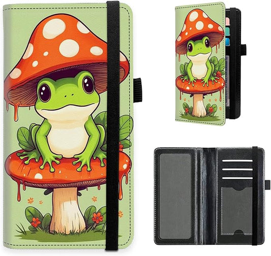 Checkbook Cover for Women and Men, PU Leather RFID Blocking Checkbook Holder Wallet Case with Elastic Strap & Multiple Card Slots, for Checks and Cards, Frog Under Mushroom Hat