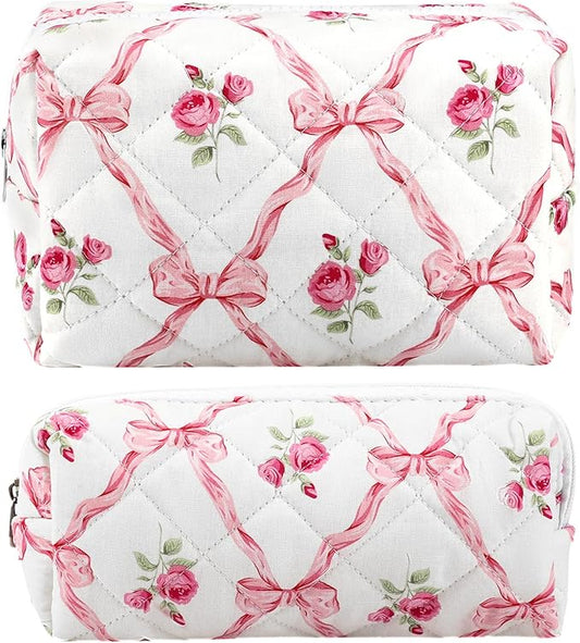 ZLFSRQ 2Pcs Bow Makeup Bag Cotton Quilted Makeup Bag Preppy Pencil Pouch Cute Cosmetic Bags Aesthetic Travel Toiletry Bags Preppy Pen Pouches Makeup Pouch for Purse Zipper Skincare Storage Organizer