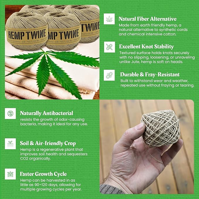 Hemp Twine for Gardening - Twine for Crafts - Organic Natural Hemp String for Jewelry Making - Strong Durable Cord for Decoration, Macrame + Cooking - 0.5MM, 100G/430 Ft. - 8 lb. Test Strength - NAT