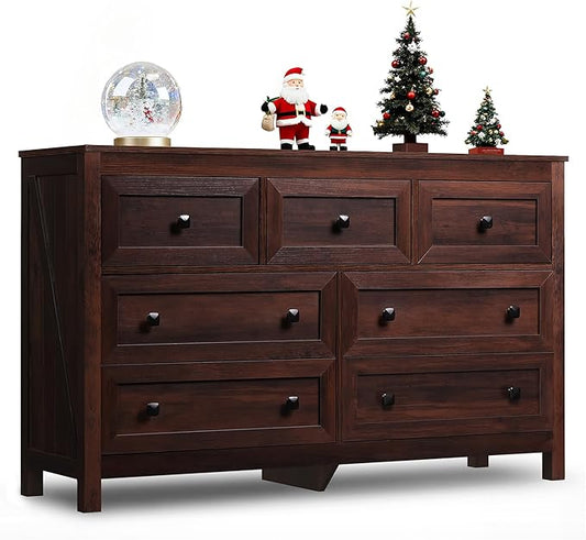 WLIVE Farmhouse Dresser for Bedroom, 51.18'' Wide 7 Drawer Wood Dresser, TV Stand for 65 inch TV, Wooden Chest of Drawers for Bedroom, Modern Clothes Organizer for Living Room, Hallway, Rustic Brown