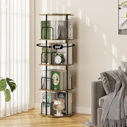 SUNMORY 4 Tier Rotating Bookshelf Tower, Revolving 360 ° Spinning Bookcase, Hexagonal Corner Book Shelf Storage Carousel, Vertical Rotate Turning Organizer Book Shelves for Living Room Office Bedroom