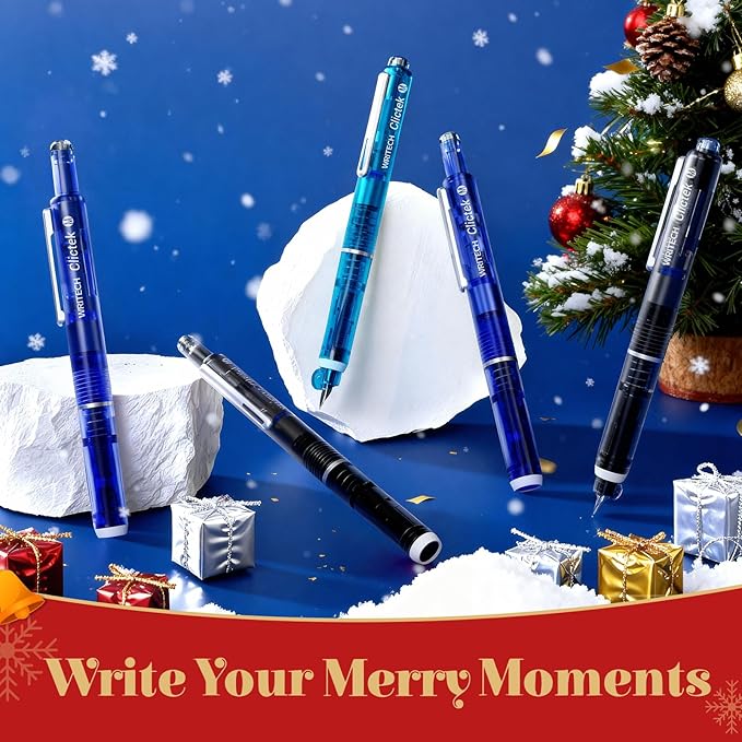 WRITECH Clictek Fountain Pen Set: Retractable Style Blue Ink Medium Nib Transparent Barrel, Includes 5 Ink Cartridges for Gift Set, Smooth Writing No Leaking