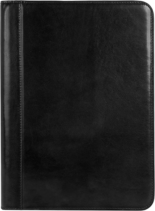 Time Resistance Leather Portfolio - A4 Document Folder - Italian Handcrafted Padfolio Organizer (Black) - Gift Box Included