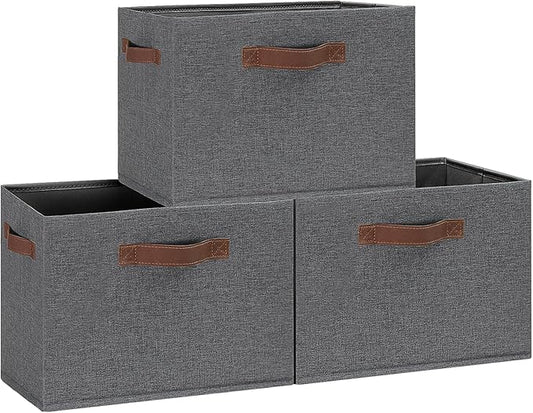 GhvyenntteS Large Fabric Storage Bins with 3 Handles, 15x11x9.6 Inch Storage Baskets for Shelves, Foldable Closet Storage Bins for Shelves, Closet Organizers and Storage Boxes, Gray