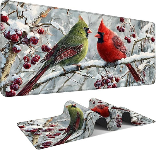 Winter Cardinal Bird Gaming Mouse Pad 35.4"x15.7"Desk Mat Anti-Slip Rubber Base & Durable Stitched Edges for Gamers Smooth Mouse Writing Surface for Desk Office/Home