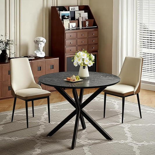 VFK Round Dining Table Set for 2,Small Kitchen Table and Chairs Set 36 inch Modern Metal Cross Base Dinner Table with 2 Cushioned Seat 3-Pieces Dining Set for Kitchen and Living Room