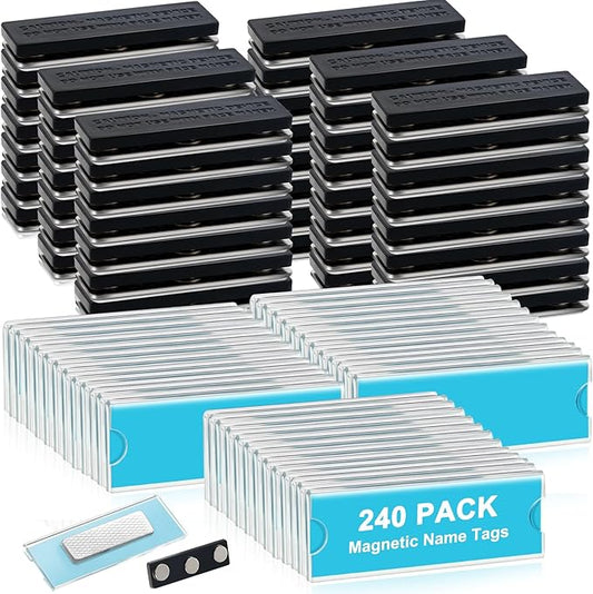 240 Pack Name Badge Magnets Kit Acrylic Magnetic Name Tag Holders with Blank Printable Paper Inserts 3 Magnets Clear Adhesive ID Holder for Business Events School Office