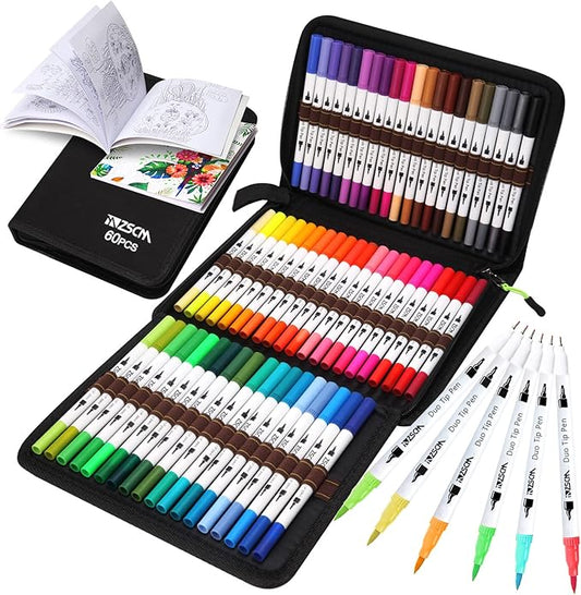 ZSCM Art Duo Tip Brush Markers Set, 60 Colors Fine Brush Tip Artist Drawing Pens Set with Coloring Book, for Adult Sketching Journal Planner Gifts