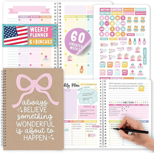 Undated Planner Weekly and Monthly - Spiral Undated Weekly Planner for Kids & Adults, Week Planners Habit Tracker, Goal Planners Notebook for Work, Agenda Planning Notebook