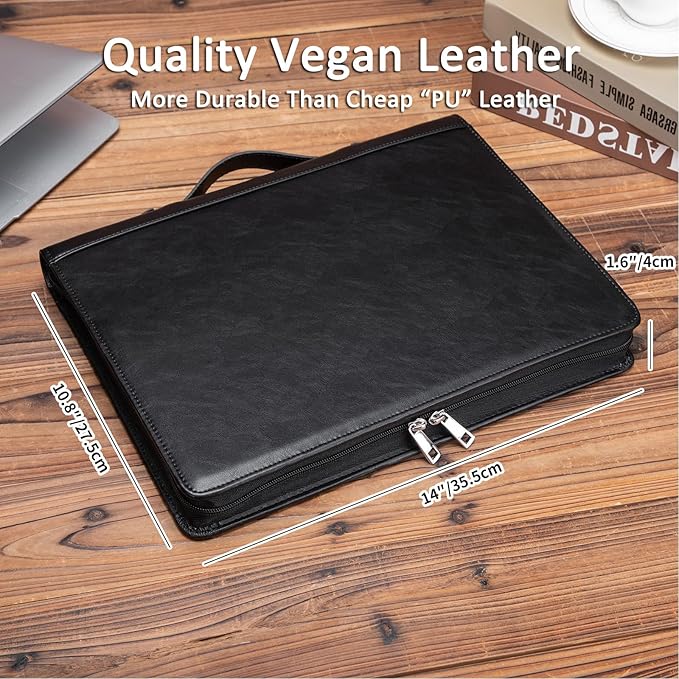 Personalized Vegan Leather Portfolio 3 Ring Binder with Clipboard, Hidden Handle, Custom 8.5 x 11 Zip Padfolio, Business Professional Organizer for Men Women, Black