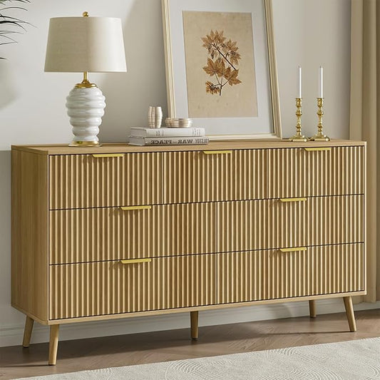 LYNSOM 55" Wide Fluted Dresser for Bedroom with 7 Drawer, Modern Chest of Drawers with Curved Profile Design and Metal Handles, Wood Dresser TV Stand & Storage Organizer for Living Room, Oak