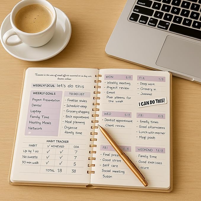 A5 Leather PU Planner & Journal Gift Set – Undated Weekly Spiral Notebook with Pen, Stickers & Box – Goal & Habit Tracker, Productivity Planner for Women & Men 5.8" x 8.0"