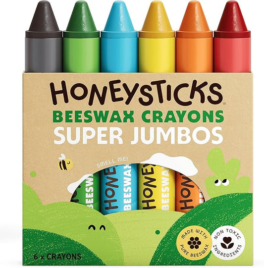 Honeysticks Super Jumbo Crayons (6 Pack) - 100% Pure Beeswax, Non Toxic Crayons for Toddlers 1-3, Extra Large Crayon Size, Easy to Hold and Use, Unbreakable Toddler Crayons, Eco-Friendly