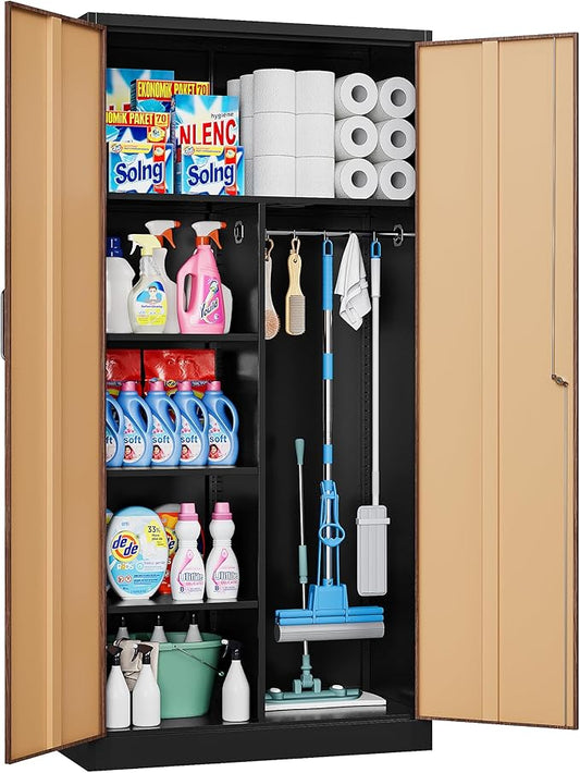 Wide & Deep Metal Storage Cabinet with Hanging Rod,Broom Closet Storage Cabinet with Lock,72" Tall Wardrobe Cabinets with Doors and Shelves,Locking Steel Tool Cabinets for Home,Office,Garage