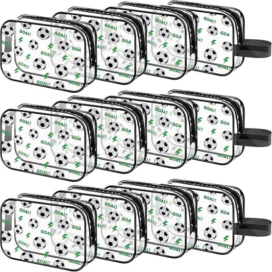 12 PCS Soccer Gift Accessories Bags Soccer Cosmetic Bags Goodie Snack Makeup Pouch Bag Waterproof Clear PVC Travel Bag with Zipper for Girls Team Gifts Valentine Player Sport Party Favors