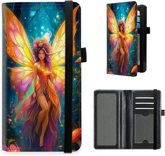 Checkbook Cover for Women and Men, PU Leather RFID Blocking Checkbook Holder Wallet Case with Elastic Strap & Multiple Card Slots, for Checks and Cards, Forest Fairy with Wings