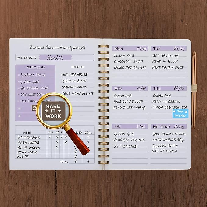 A5 Leather PU Planner & Journal Gift Set – Undated Weekly Spiral Notebook with Pen, Stickers & Box – Goal & Habit Tracker, Productivity Planner for Women & Men 5.8" x 8.0"