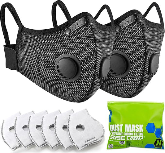 BASE CAMP Upgrade M Plus Dust Mask, Breathable Reusable Dust Face Mask with 6 Activated Carbon Filters, Air Filtration Mask for Smoke Dust Grinding Sanding Sawing Sweeping (2 Silver)