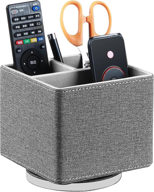 YAPISHI Remote Control Holder, 360° Swivel TV Remote Holder for Table, PU Leather Remotes Caddy, Nightstand Organizer for Media Controllers/Makeup/Office Supplies, Bedside Decorations for Living Room