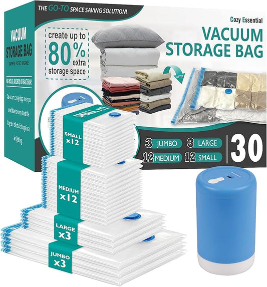 30 Pack Vacuum Storage Bags with Rechargeable Wireless Electric Pump, Vacuum Seal Space Saver Bags for Clothing, Pillows, Blanket, Bedding, Comforter