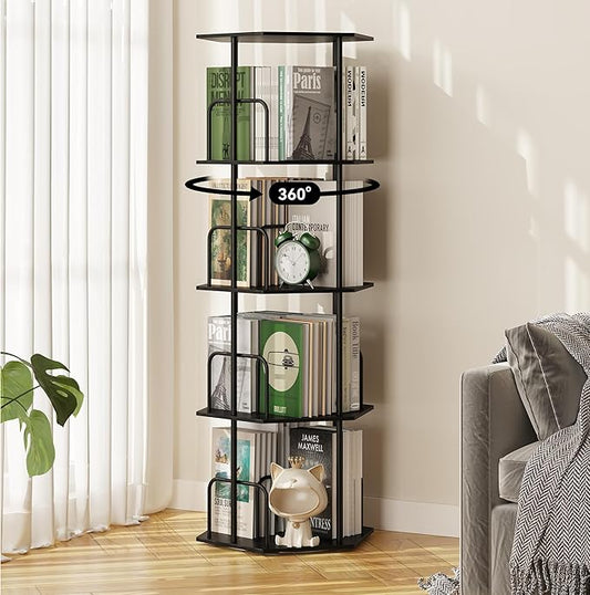SUNMORY 4 Tier Rotating Bookshelf Tower, Revolving 360 ° Spinning Bookcase, Hexagonal Corner Book Shelf Storage Carousel, Vertical Rotate Turning Organizer Book Shelves for Living Room Office Bedroom