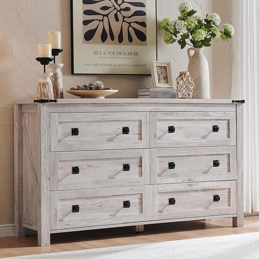 T4TREAM Farmhouse 6 Drawers Dresser for Bedroom, Wood Rustic Wide Chest of Drawers, Storage Dressers Organizer for Bedroom, Living Room, Hallway, Antique Brush White