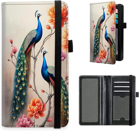 Checkbook Cover for Women and Men, PU Leather RFID Blocking Checkbook Holder Wallet Case with Elastic Strap & Multiple Card Slots, for Checks and Cards, Peacocks Blossoms