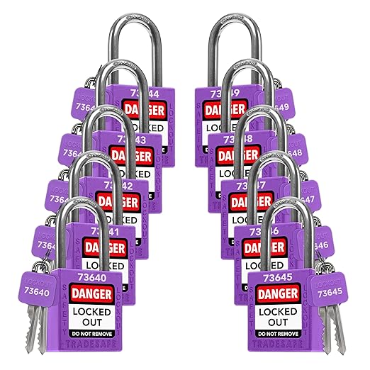 TRADESAFE Lockout Tagout Locks Set - 10 Purple Loto Locks, Lockout Locks Keyed Different, 2 Keys Per Lock, OSHA Compliant Lock Out Tag Out Padlocks, Safety Padlocks for Electrical Lockout Tag Out Kits