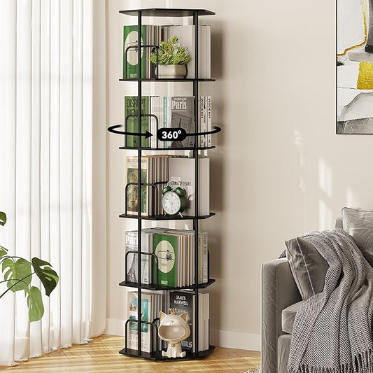 SUNMORY 5 Tier Rotating Bookshelf Tower, Revolving 360 ° Spinning Bookcase, Hexagonal Corner Book Shelf Storage Carousel, Vertical Rotate Turning Organizer Book Shelves for Living Room Office Bedroom
