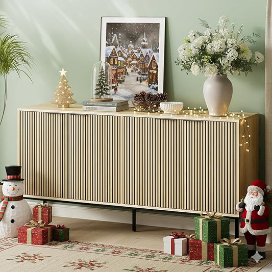 Sideboard Buffet Cabinet with 4 Doors, 63" Kitchen Accent Storage Cabinet with Adjustable Shelves, Square Tubular Steel Legs,Wood Sideboard Credenza for Dining Room,Coffee Bar, Natural Wood