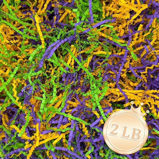 Zankubom 2 LB Crinkle Cut Paper Shred Filler Great for Gift Wrapping, Basket Fillers, Birthday, Gift Wrapping, Anniversary, Halloween Christmas Party Decor Filling Supplies Golden Green Purple