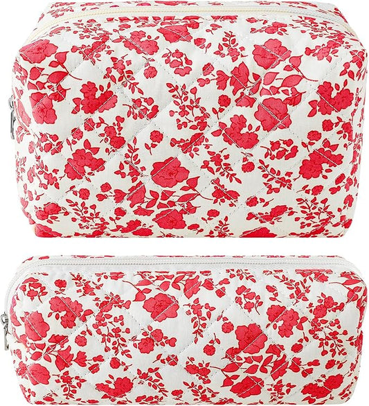 ZLFSRQ 2Pcs Floral Makeup Bag Cute Quilted Makeup Bag Preppy Pencil Pouch Small Cosmetic Bags Aesthetic Hot Pink Travel Toiletry Bags Preppy Makeup Pouch for Purse Zipper Skincare Storage Organizer