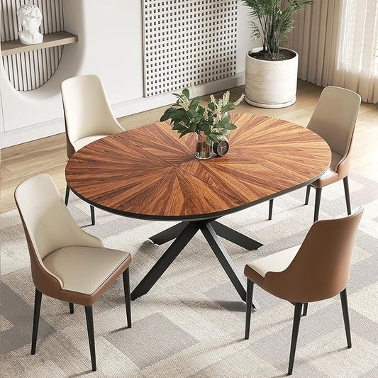 VFK 47.2"-63" Extendable Round Dining Table Set for 4-6, Kitchen Table with 4 Upholstered Chairs, Solid Wood Tabletop & Metal Frame, Walnut Dining Room Furniture (1 Table and 4 Brown Chairs)
