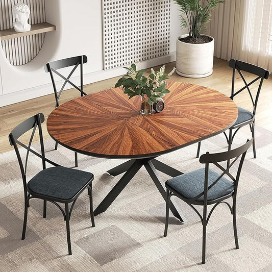 VFK 47.2"-63" Extendable Round Dining Table Set for 4-6, Kitchen Table with 4 Upholstered Chairs, Solid Wood Tabletop & Metal Frame, Walnut Dining Room Furniture (1 Table and 4 Black Chairs)