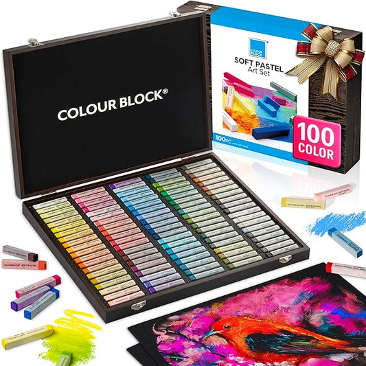 COLOUR BLOCK Soft Pastels for Artists - 100 Colors Square Chalk Pastels Set in Wooden Box - Vibrant Pigments Art Kit for Painting, Drawing, Sketching, Hobbyists, Students and Kids.