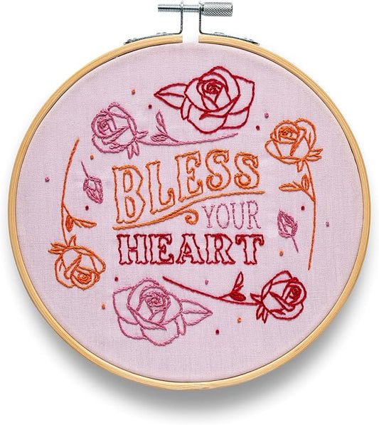 FUNATIC Bless Your Heart Embroidery Kit | Funny Beginner Needle Work Starter Set for Adults | Needlepoint DIY Arts and Crafts | Cross Stitch Set with Bamboo Hoop Floss Needles Threader Printed Fabric
